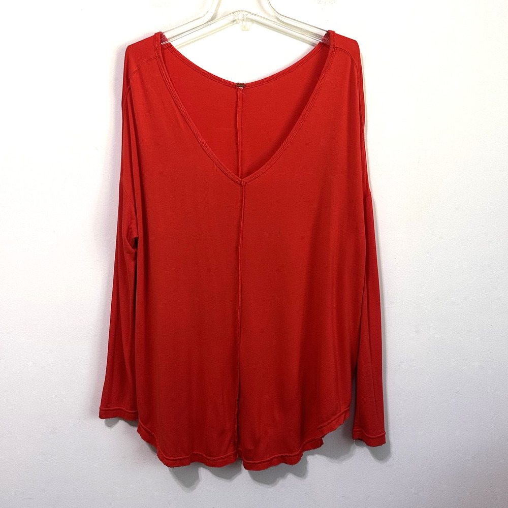 Free People Moonshine Tunic Top M Red Orange Oversized Stretch Knit Boho Tee‎